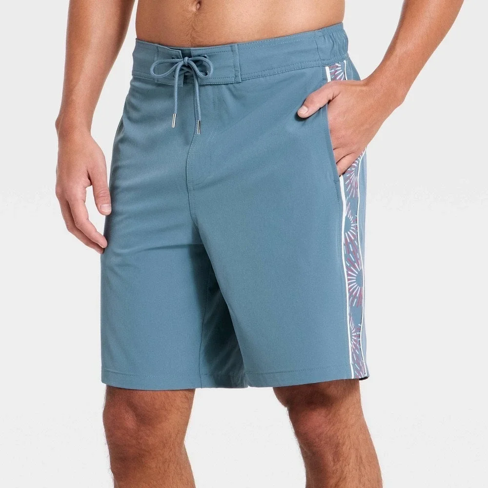 All in Motion Mens Swim Trunks Blue Board Shorts Graphic Side Stripe Size 30